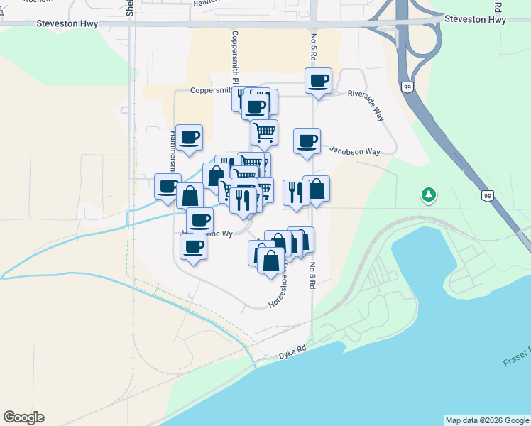 map of restaurants, bars, coffee shops, grocery stores, and more near 12040 Horseshoe Way in Richmond