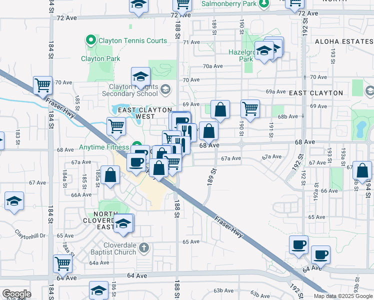 map of restaurants, bars, coffee shops, grocery stores, and more near 18818 68 Avenue in Surrey