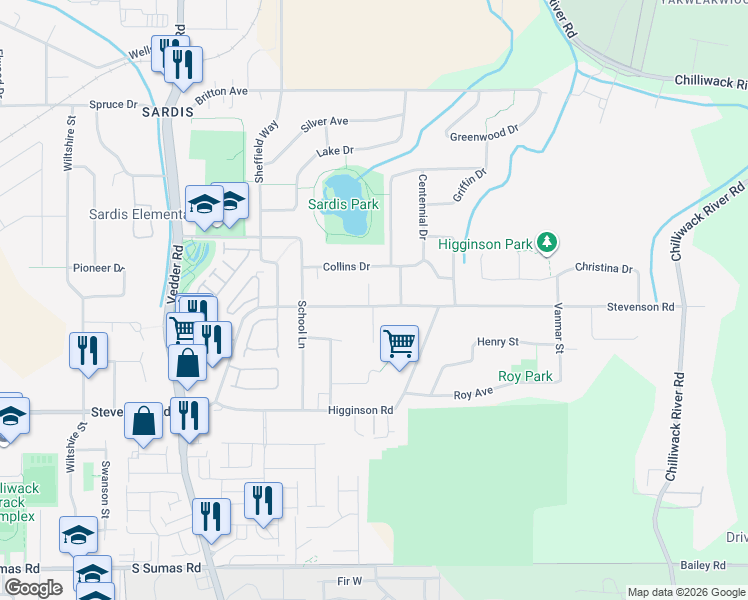map of restaurants, bars, coffee shops, grocery stores, and more near 45995 Stevenson Road in Chilliwack