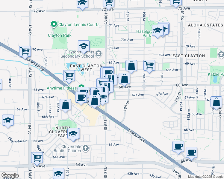 map of restaurants, bars, coffee shops, grocery stores, and more near 18818 68 Avenue in Surrey