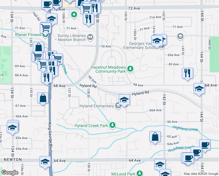 map of restaurants, bars, coffee shops, grocery stores, and more near 13922 68 Avenue in Surrey