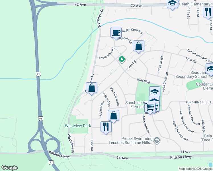 map of restaurants, bars, coffee shops, grocery stores, and more near 11043 Lyon Road in Delta