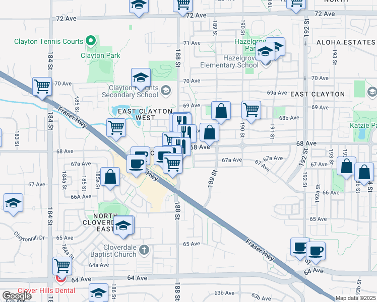map of restaurants, bars, coffee shops, grocery stores, and more near 18818 68 Avenue in Surrey