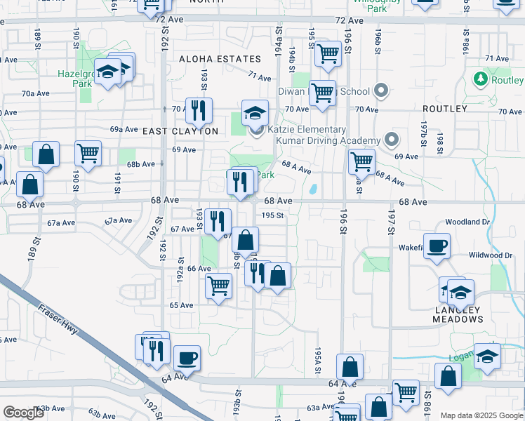 map of restaurants, bars, coffee shops, grocery stores, and more near 19448 68 Avenue in Surrey
