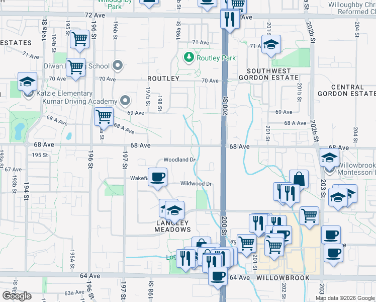 map of restaurants, bars, coffee shops, grocery stores, and more near 19894 68 Avenue in Langley