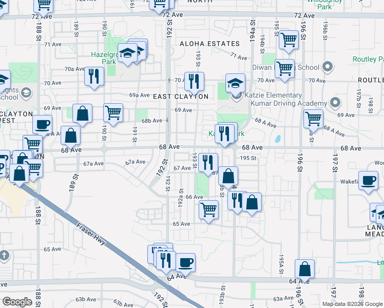 map of restaurants, bars, coffee shops, grocery stores, and more near 6785 193 Street in Surrey