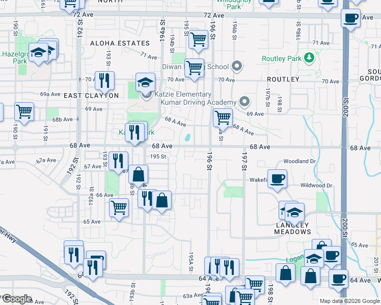 map of restaurants, bars, coffee shops, grocery stores, and more near 19560 68 Avenue in Langley