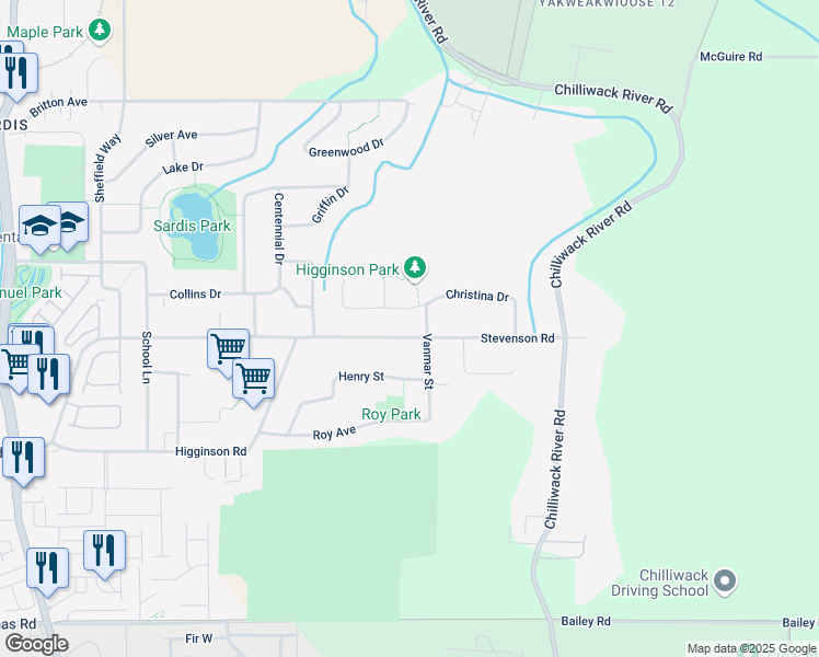 map of restaurants, bars, coffee shops, grocery stores, and more near 46269 Stevenson Road in Chilliwack