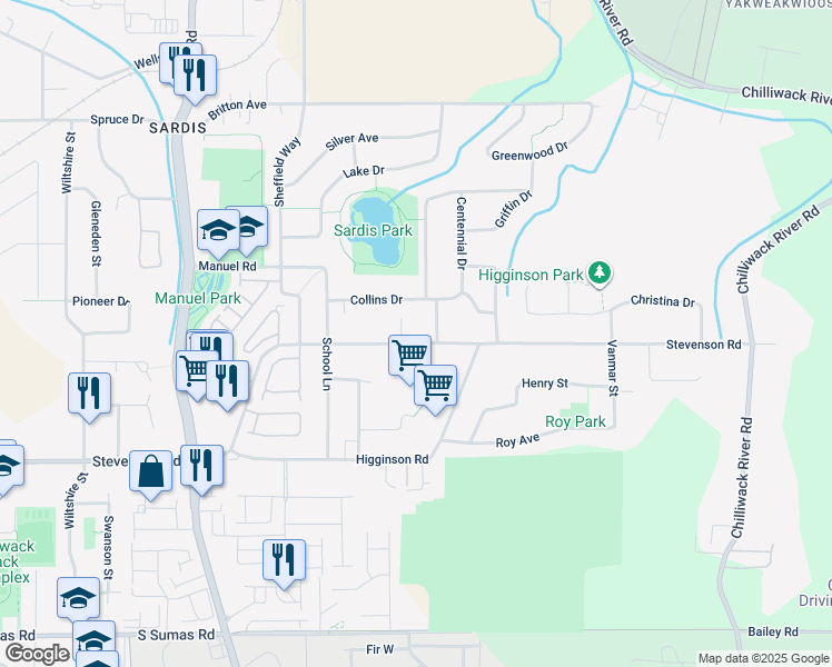 map of restaurants, bars, coffee shops, grocery stores, and more near 46005 Stevenson Road in Chilliwack