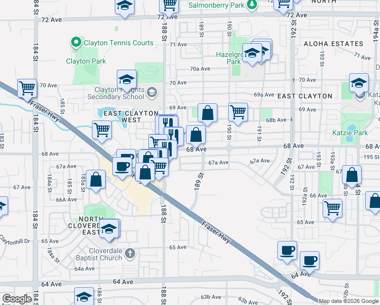 map of restaurants, bars, coffee shops, grocery stores, and more near 18864 68 Avenue in Surrey