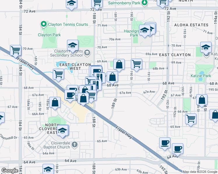 map of restaurants, bars, coffee shops, grocery stores, and more near 18864 68 Avenue in Surrey