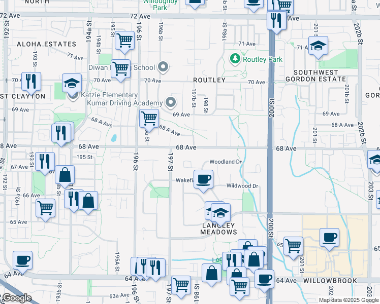 map of restaurants, bars, coffee shops, grocery stores, and more near 19752 68 Avenue in Langley
