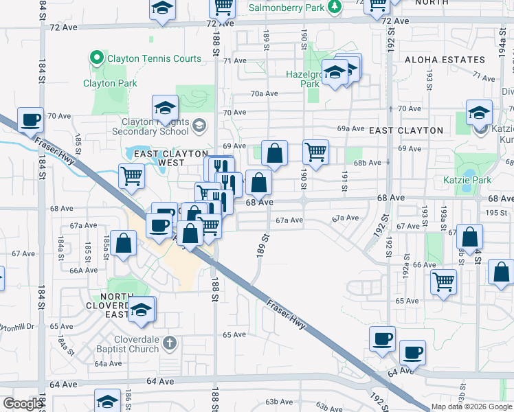 map of restaurants, bars, coffee shops, grocery stores, and more near 18878 68 Avenue in Surrey