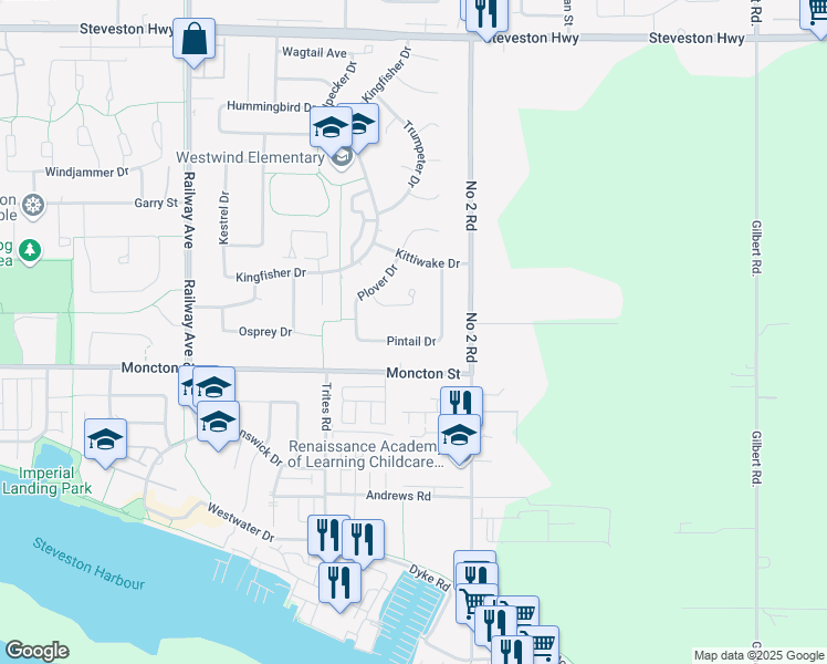 map of restaurants, bars, coffee shops, grocery stores, and more near 11751 Pintail Drive in Richmond