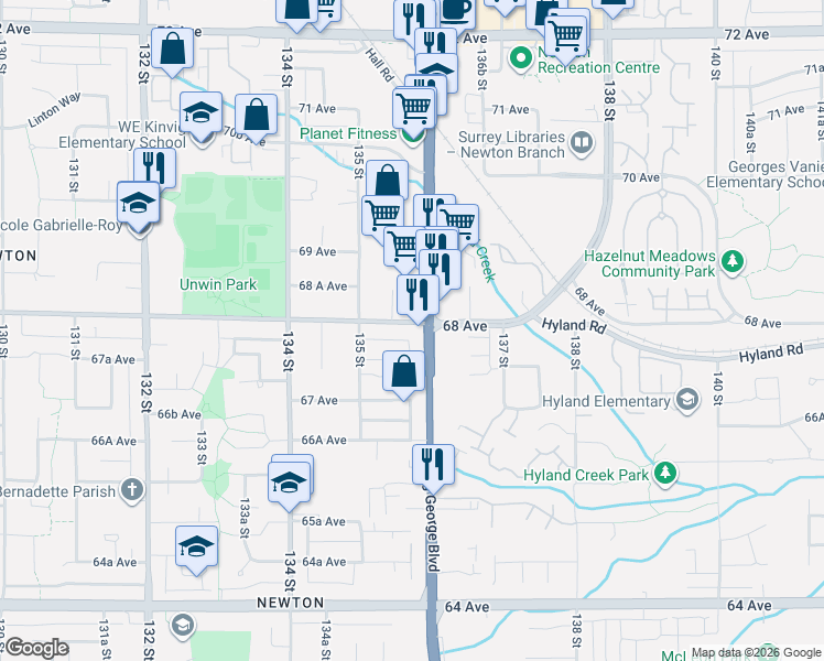 map of restaurants, bars, coffee shops, grocery stores, and more near 13572 68 Avenue in Surrey