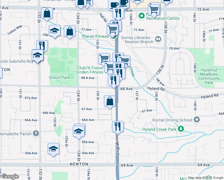 map of restaurants, bars, coffee shops, grocery stores, and more near 13572 68 Avenue in Surrey