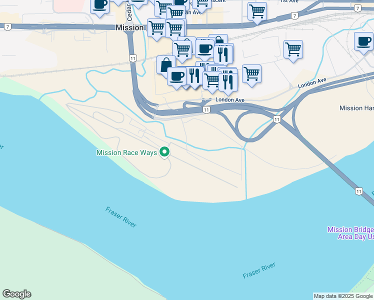 map of restaurants, bars, coffee shops, grocery stores, and more near 41666 Dyke Road in Mission