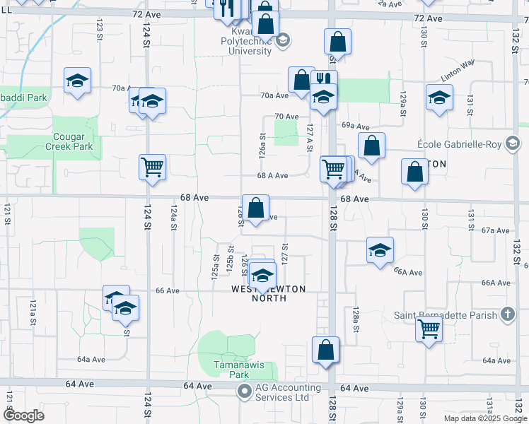 map of restaurants, bars, coffee shops, grocery stores, and more near 12655 67B Avenue in Surrey