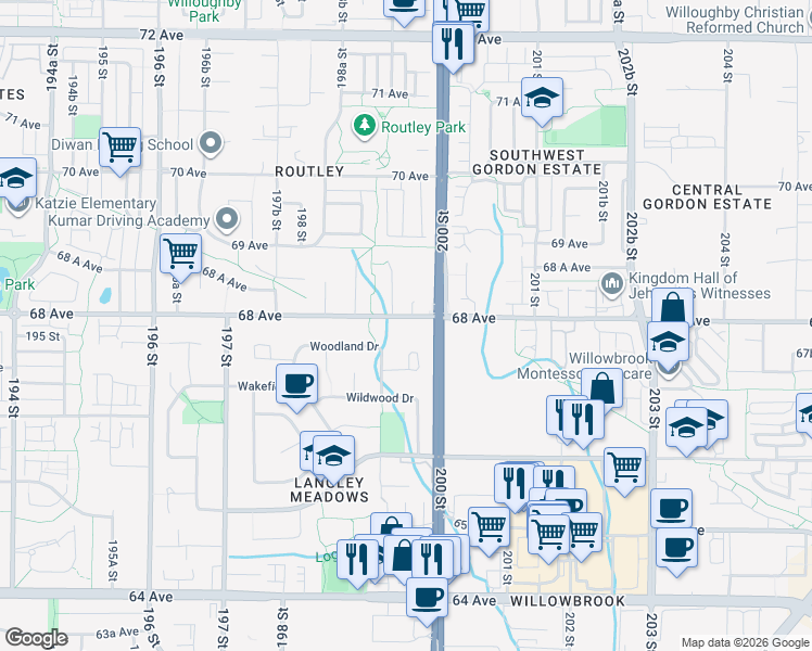 map of restaurants, bars, coffee shops, grocery stores, and more near 19952 68 Avenue in Langley