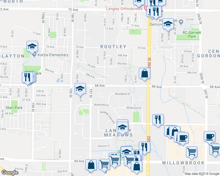 map of restaurants, bars, coffee shops, grocery stores, and more near 19804 68 Avenue in Langley