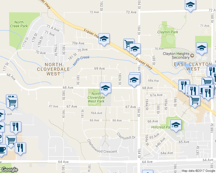 map of restaurants, bars, coffee shops, grocery stores, and more near 18239 68 Avenue in Surrey
