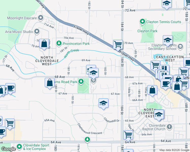 map of restaurants, bars, coffee shops, grocery stores, and more near 18270 68A Avenue in Surrey