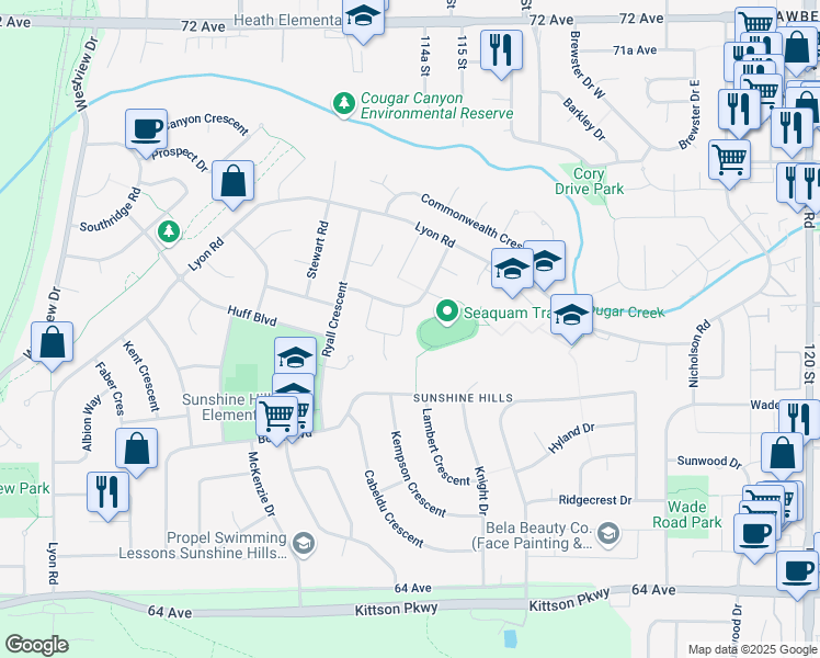 map of restaurants, bars, coffee shops, grocery stores, and more near 11414 Northview Crescent in Delta