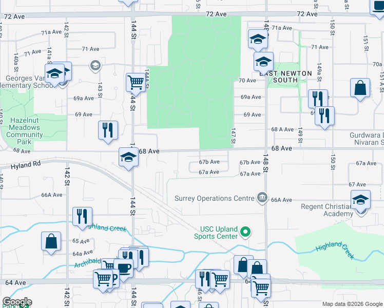 map of restaurants, bars, coffee shops, grocery stores, and more near 14578 68 Avenue in Surrey