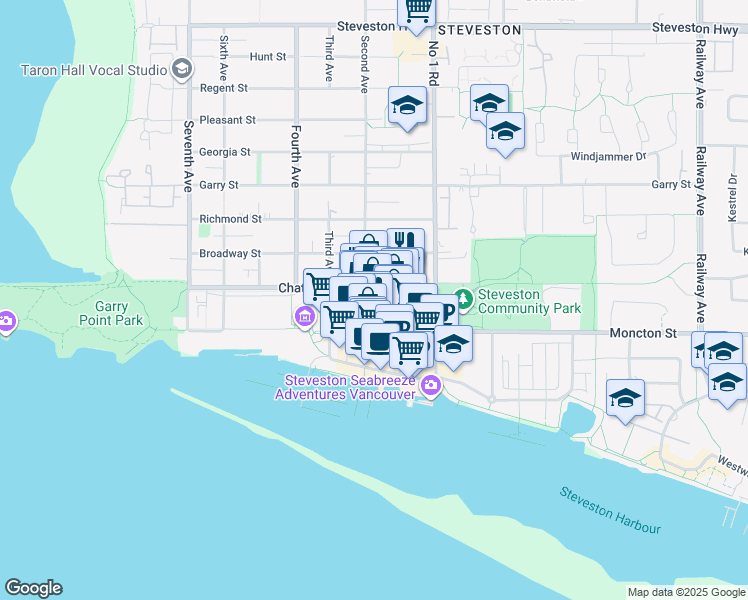 map of restaurants, bars, coffee shops, grocery stores, and more near 3740 Chatham Street in Richmond