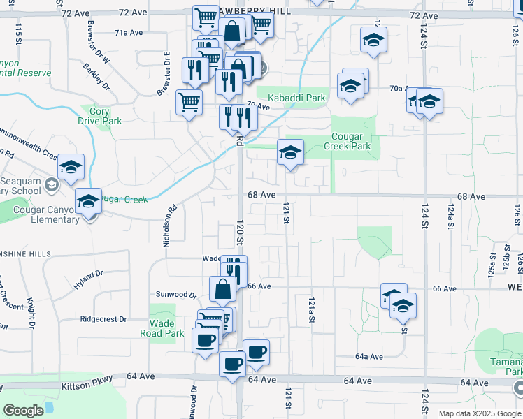 map of restaurants, bars, coffee shops, grocery stores, and more near 12040 68 Avenue in Surrey