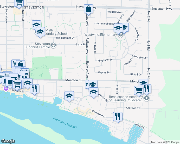 map of restaurants, bars, coffee shops, grocery stores, and more near 11820 Railway Avenue in Richmond