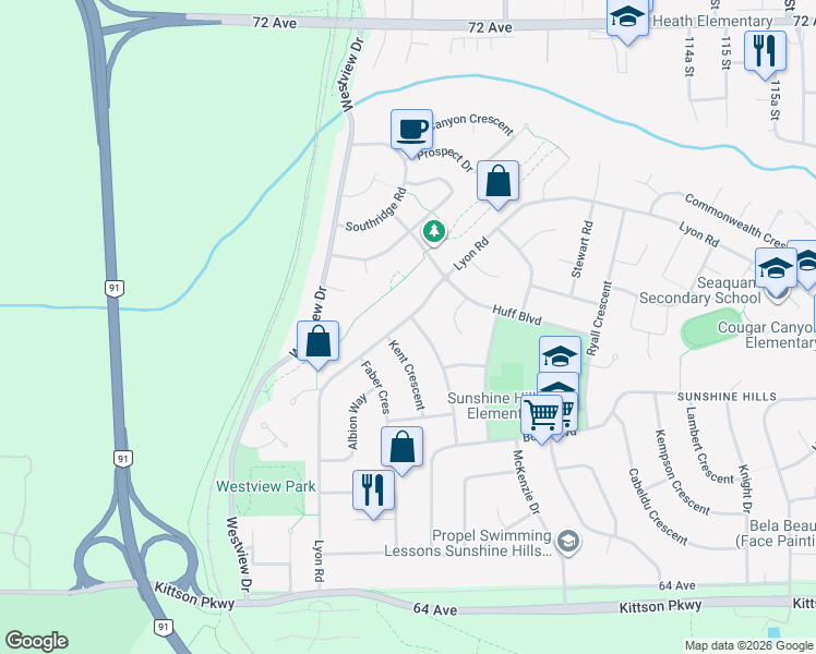 map of restaurants, bars, coffee shops, grocery stores, and more near 6783 Stoney Crescent in Delta