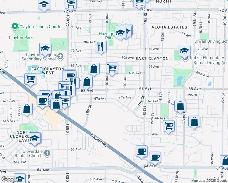 map of restaurants, bars, coffee shops, grocery stores, and more near 19050 68 Avenue in Surrey