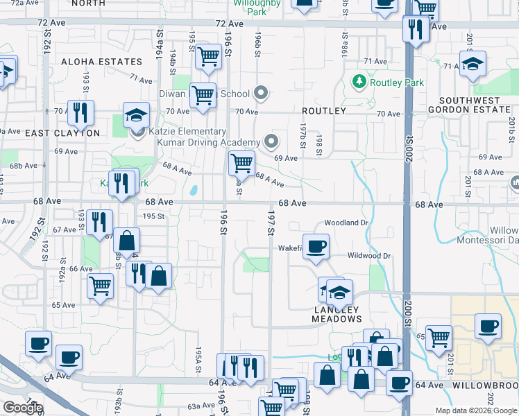 map of restaurants, bars, coffee shops, grocery stores, and more near 19674 68 Avenue in Langley