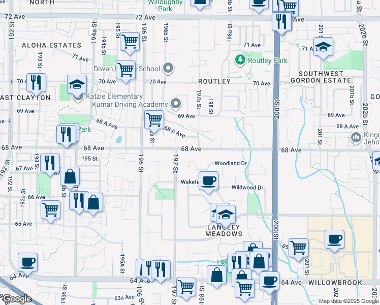 map of restaurants, bars, coffee shops, grocery stores, and more near 19740 68 Avenue in Langley
