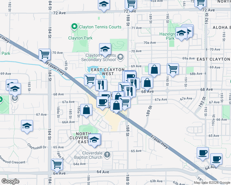 map of restaurants, bars, coffee shops, grocery stores, and more near 18739 68 Avenue in Surrey