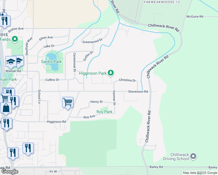 map of restaurants, bars, coffee shops, grocery stores, and more near 46269 Stevenson Road in Chilliwack