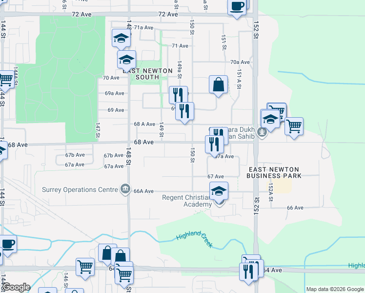 map of restaurants, bars, coffee shops, grocery stores, and more near 14968 68 Avenue in Surrey