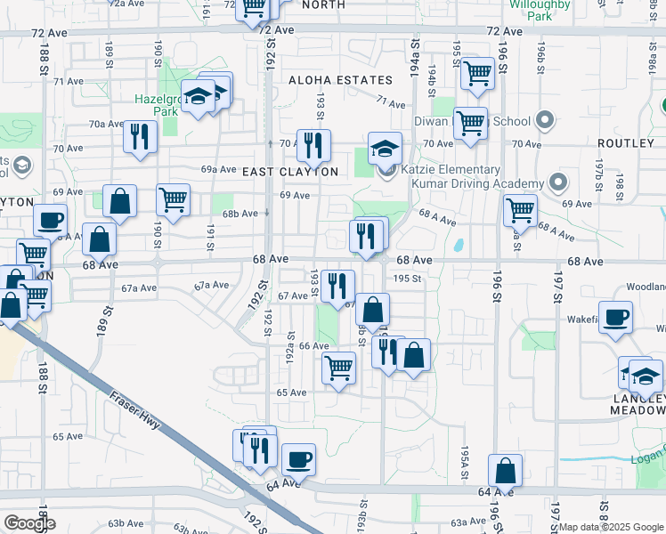 map of restaurants, bars, coffee shops, grocery stores, and more near 7127 193A Street in Surrey