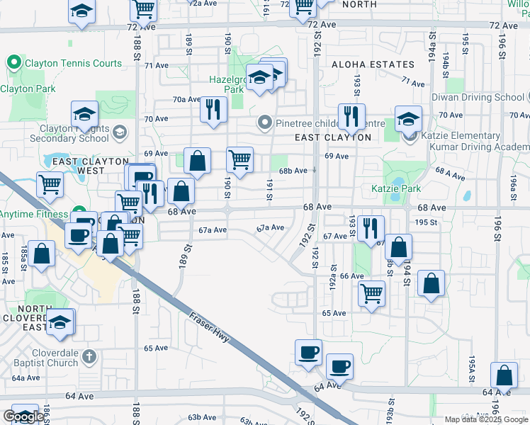 map of restaurants, bars, coffee shops, grocery stores, and more near 19090 68 Avenue in Surrey