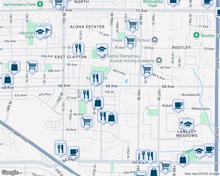 map of restaurants, bars, coffee shops, grocery stores, and more near 19448 68 Avenue in Surrey