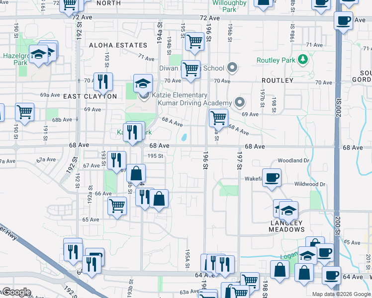 map of restaurants, bars, coffee shops, grocery stores, and more near 19505 68 Avenue in Surrey