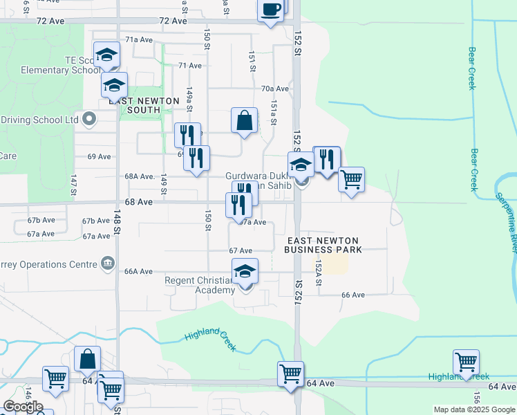 map of restaurants, bars, coffee shops, grocery stores, and more near 6795 151 Street in Surrey