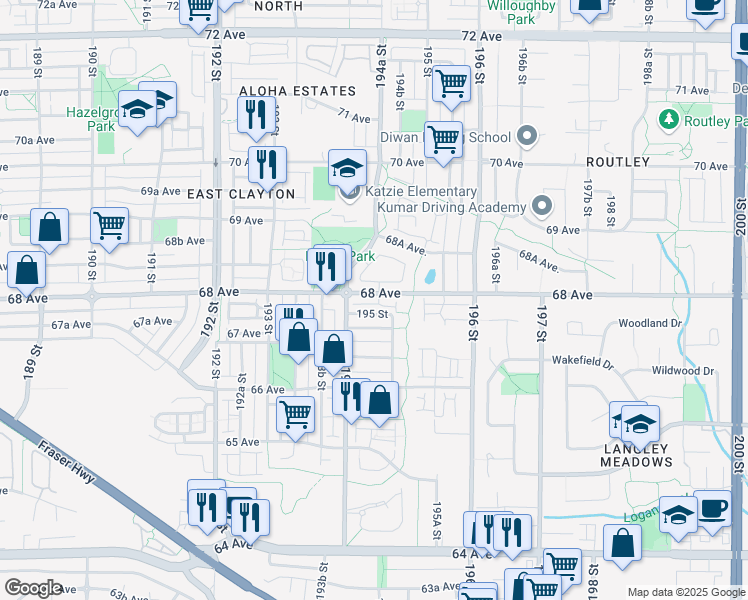 map of restaurants, bars, coffee shops, grocery stores, and more near 19448 68 Avenue in Surrey