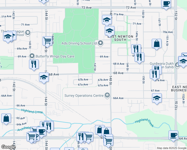 map of restaurants, bars, coffee shops, grocery stores, and more near 6798 146B Street in Surrey