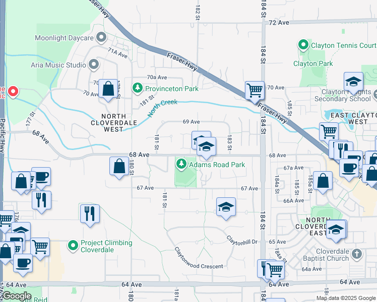 map of restaurants, bars, coffee shops, grocery stores, and more near 18181 68 Avenue in Surrey