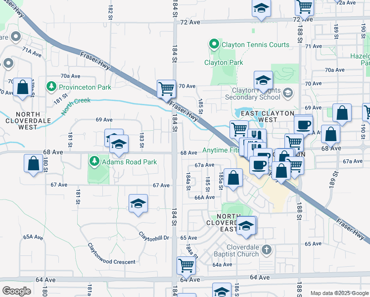 map of restaurants, bars, coffee shops, grocery stores, and more near 18419 68 Avenue in Surrey