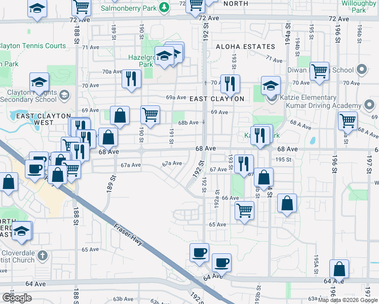 map of restaurants, bars, coffee shops, grocery stores, and more near 6796 191A Street in Surrey