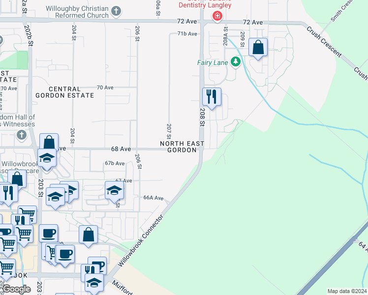 map of restaurants, bars, coffee shops, grocery stores, and more near 20745 68th Avenue in Langley