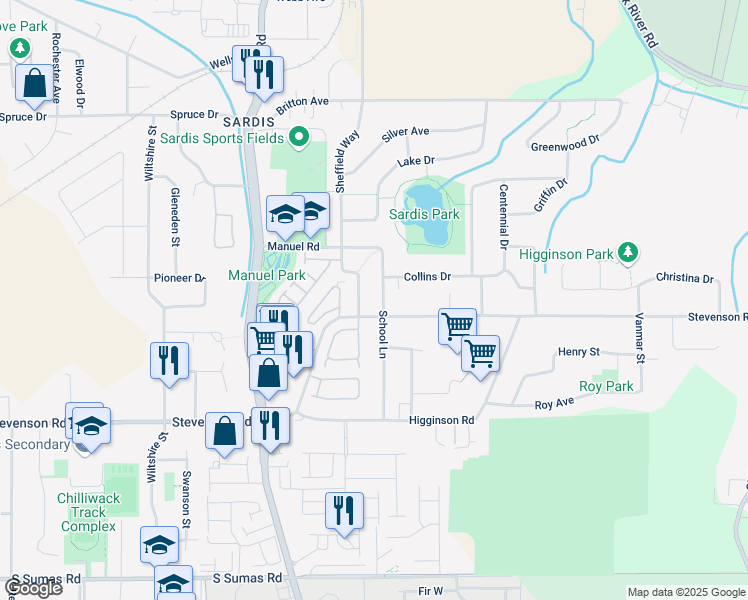 map of restaurants, bars, coffee shops, grocery stores, and more near 6819 School Lane in Chilliwack